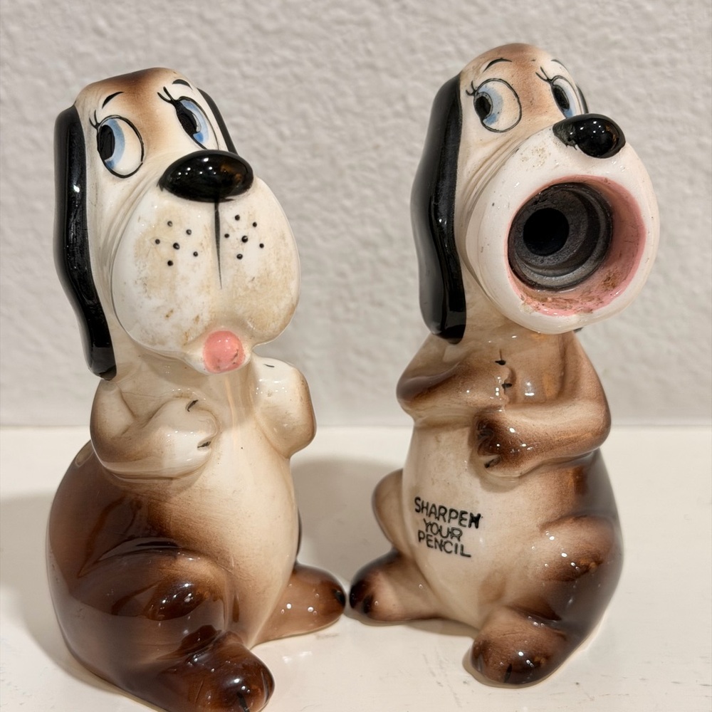 Vintage Dog Pencil Sharpener & Holder Ceramic Figurines Set of 2
